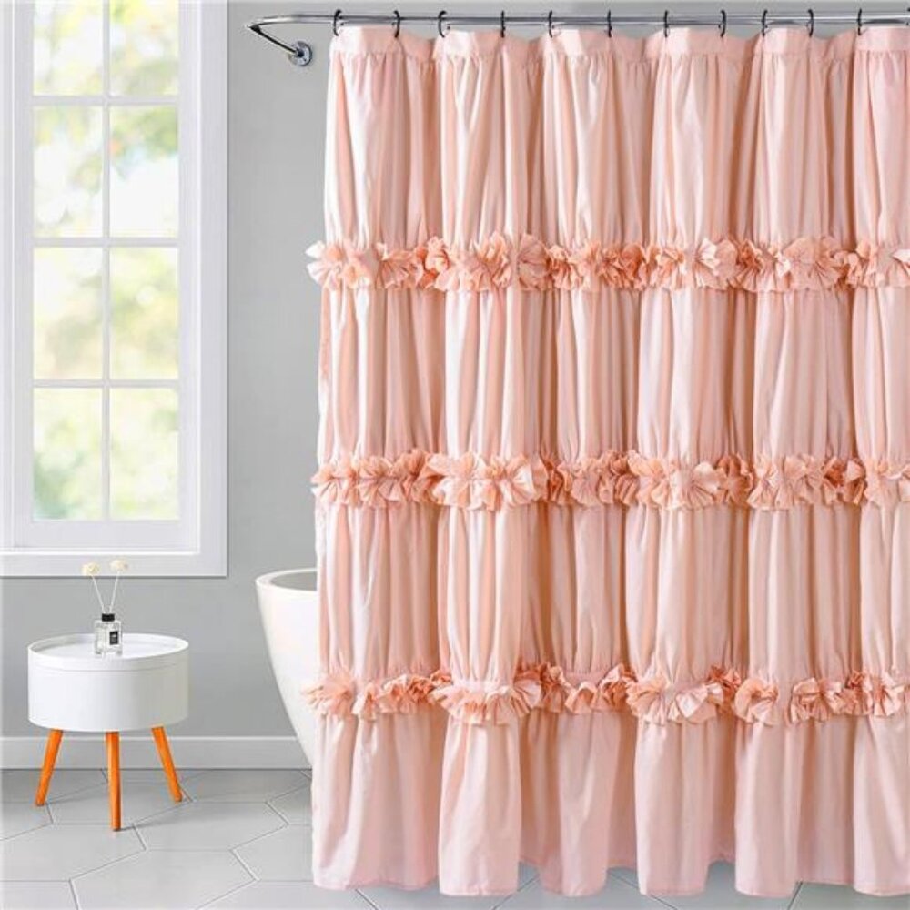 Peach Ruffle Shower Curtain, Vintage Handcrafted Bow Tie Bath Curtain